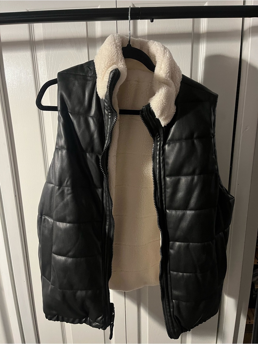 Black Faux Leather Sherpa-Trim Quilted Vest